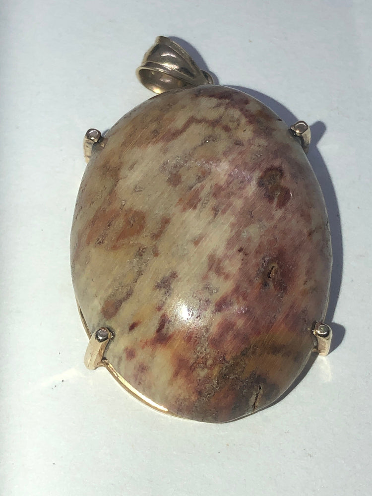 Vintage petrified fossilized wood cabochon pendant 4 necklace solid 14 karat yellow gold bezel and bale Stunning colors rare!