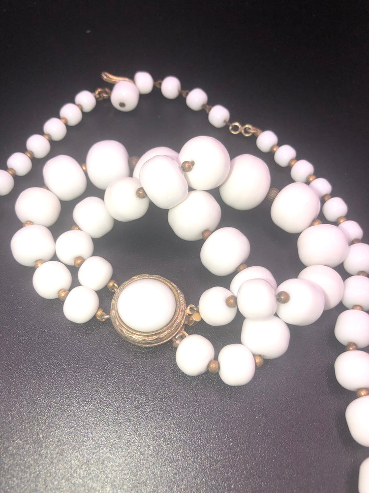 Antique art deco milk glass beaded necklace and bracelet graduated size brass beads sterling silver clasp set rare big beads