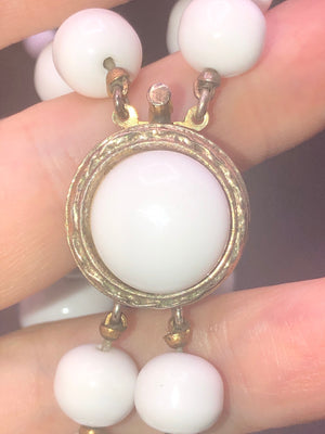 Antique art deco milk glass beaded necklace and bracelet graduated size brass beads sterling silver clasp set rare big beads