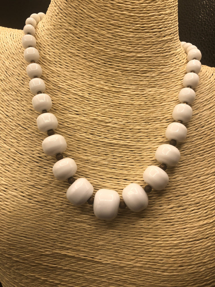 Antique art deco milk glass beaded necklace and bracelet graduated size brass beads sterling silver clasp set rare big beads