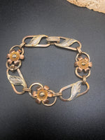 Antique vintage Van Dell Sterling silver and 12 kt gf gold floral link bracelet
