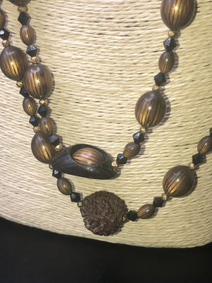 Antique Vintage multi strand custom necklace made with genuine seeds large Rudraksha And black walnut slices beautiful cocktail necklace
