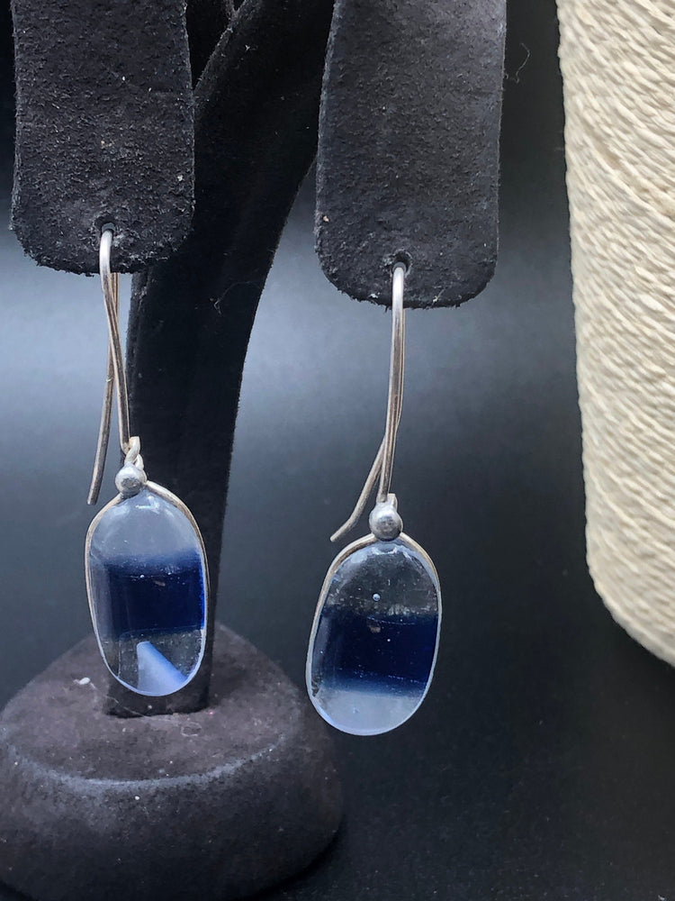 Vintage clear and cobalt blue glass earrings sterling silver hook ear wires Unique and beautiful. Murano