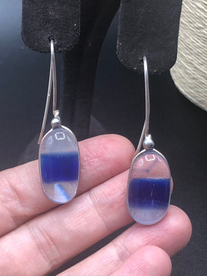 Vintage clear and cobalt blue glass earrings sterling silver hook ear wires Unique and beautiful. Murano