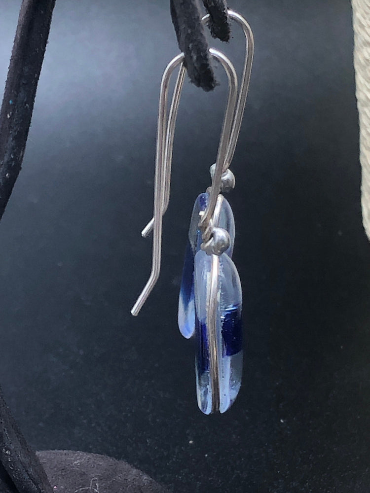 Vintage clear and cobalt blue glass earrings sterling silver hook ear wires Unique and beautiful. Murano