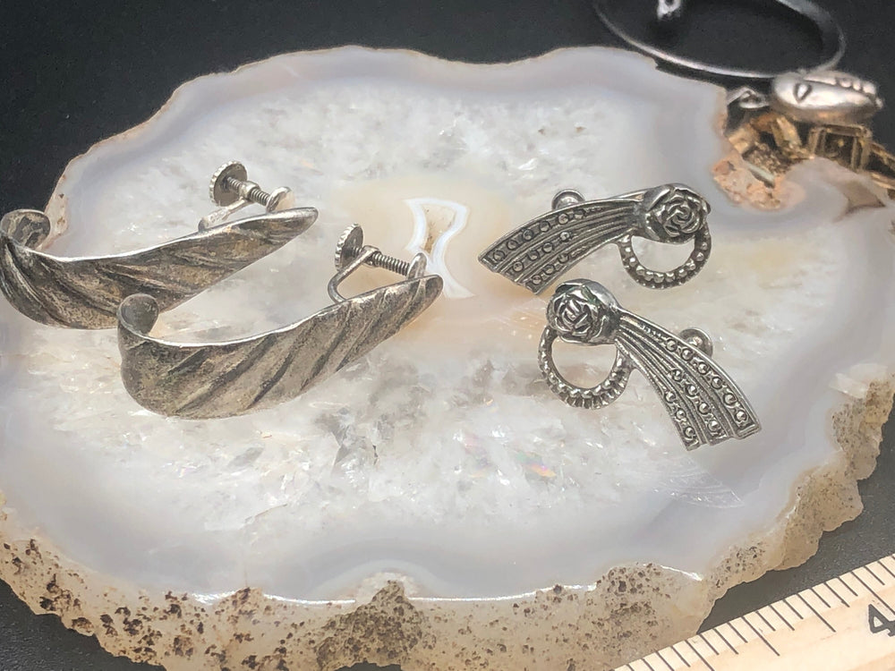 Lot 2 antique sterling silver screw-back earrings unique Art Deco Swirl shooting star rose Marcasites rainbow 925