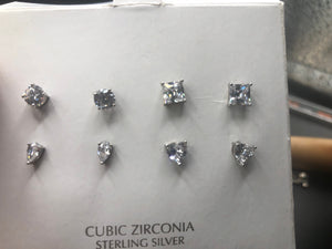 Gorgeous CZ earrings lot 4 pairs Brilliant round princess cut pear and heart shape new old stock 85