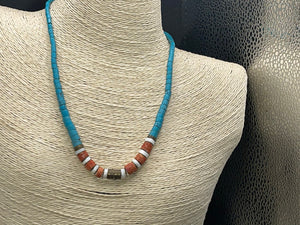 Nice turquoise, as read Sponge coral, heishi shell, brass beaded necklace men’s or women’s Southwestern