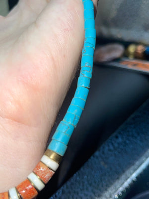 Nice turquoise, as read Sponge coral, heishi shell, brass beaded necklace men’s or women’s Southwestern