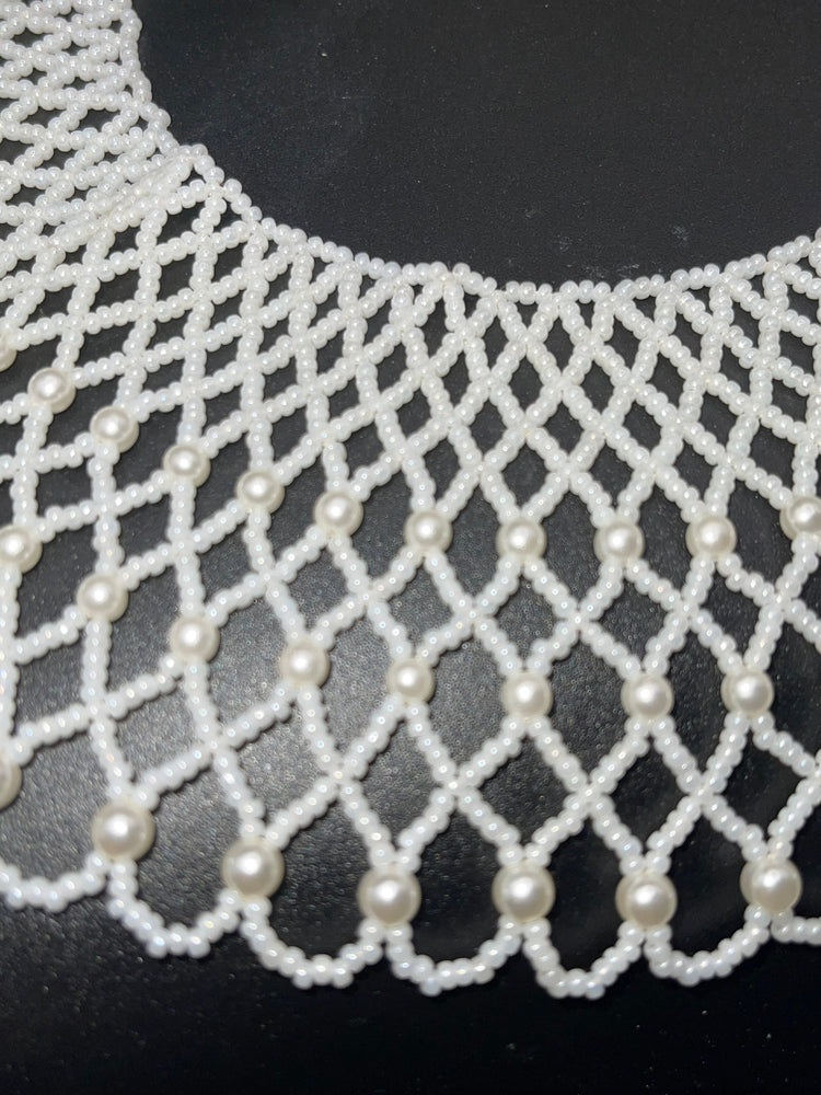 Vintage large pearly white seed beads beaded bib collar necklace Hong Kong beaded clasp