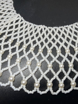 Vintage large pearly white seed beads beaded bib collar necklace Hong Kong beaded clasp