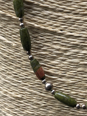 Vintage Unakite rock gemstone and sterling silver beaded necklace 23 inches long