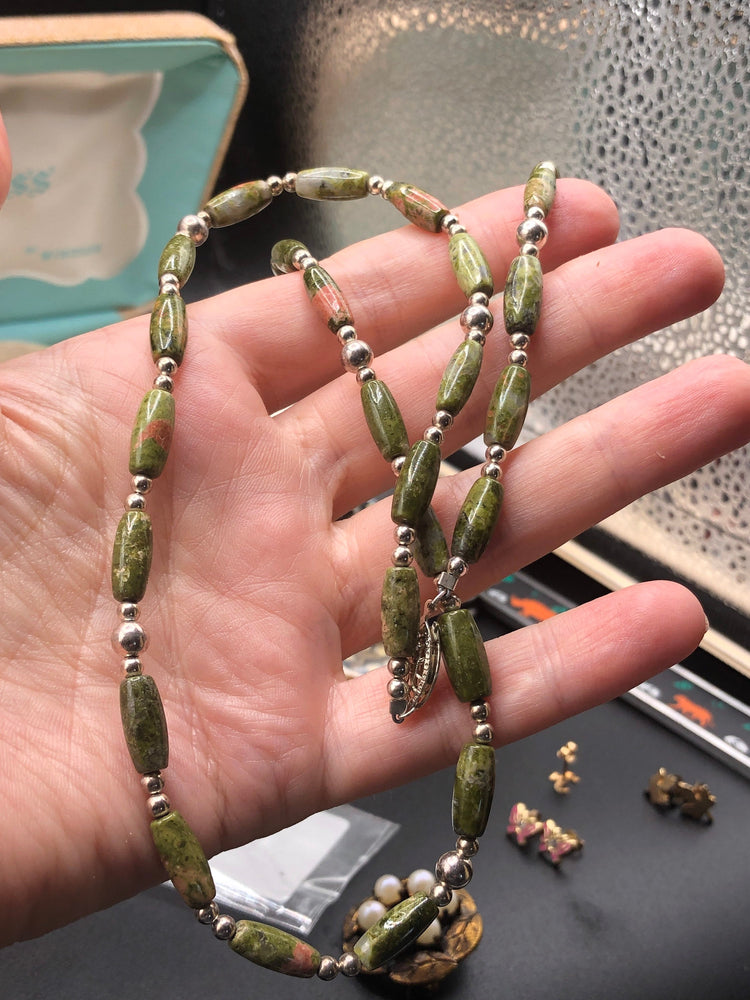 Vintage Unakite rock gemstone and sterling silver beaded necklace 23 inches long