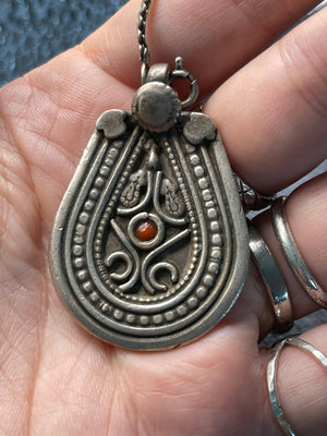 Unique carved sterling silver tribal Red coral shell pendant necklace with long sterling chain chain mans/mens Or women’s Unusual chain 23.5
