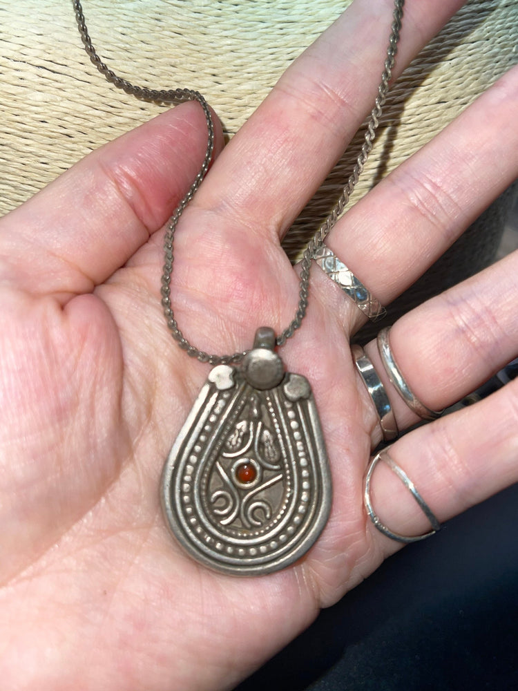 Unique carved sterling silver tribal Red coral shell pendant necklace with long sterling chain chain mans/mens Or women’s Unusual chain 23.5