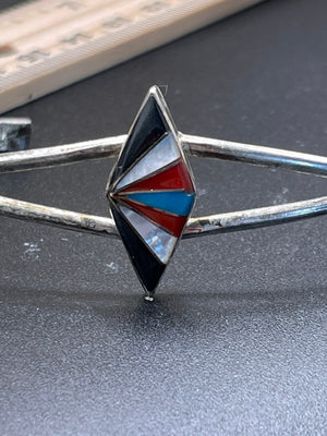 Beautiful big Southwestern inlaid red coral turquoise black onyx mother of pearl mop silver cuff bracelet Larger wrist