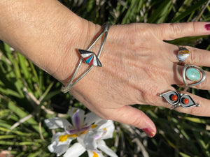 Beautiful big Southwestern inlaid red coral turquoise black onyx mother of pearl mop silver cuff bracelet Larger wrist