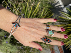 Beautiful big Southwestern inlaid red coral turquoise black onyx mother of pearl mop silver cuff bracelet Larger wrist