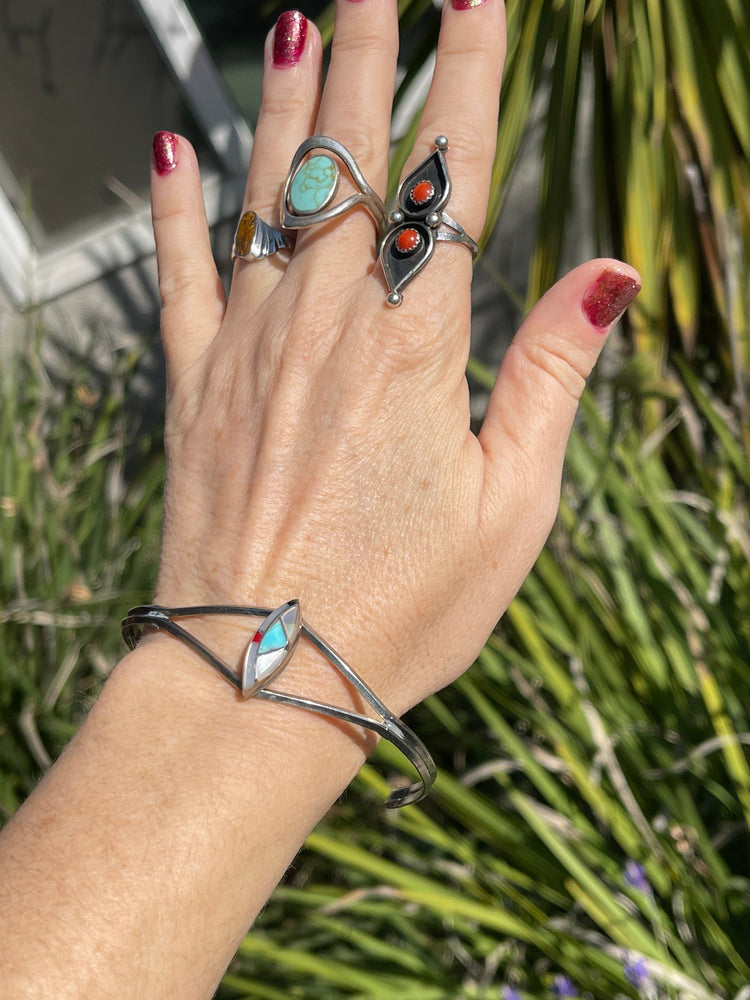 Nice big southwestern silver cuff bracelet and laid mother of pearl turquoise red coral black onyx men’s or women’s larger wrist