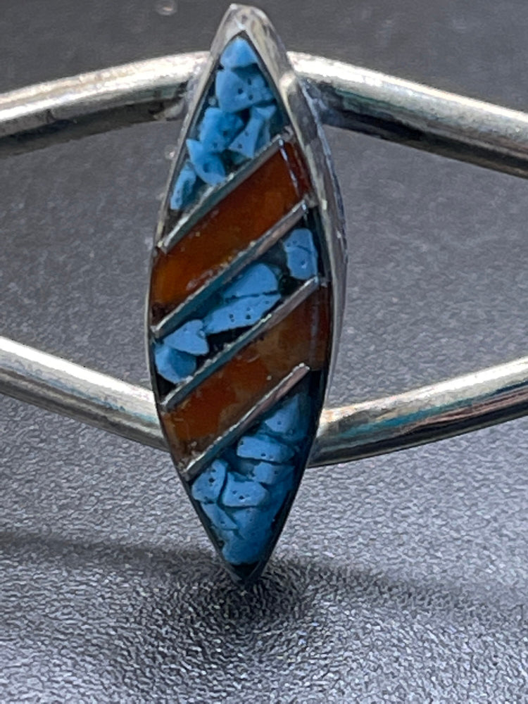 Neat big inlaid cuff silver bracelet Turquoise and red coral Southwestern men’s men’s or women’s larger wrist