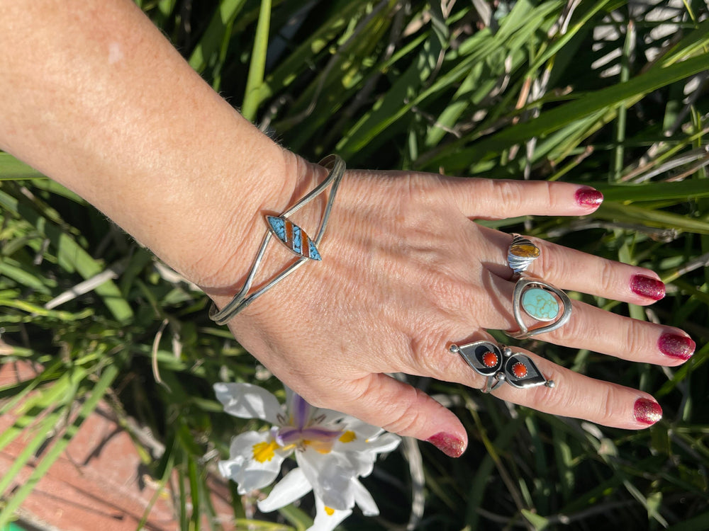 Neat big inlaid cuff silver bracelet Turquoise and red coral Southwestern men’s men’s or women’s larger wrist