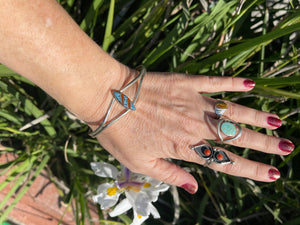 Neat big inlaid cuff silver bracelet Turquoise and red coral Southwestern men’s men’s or women’s larger wrist