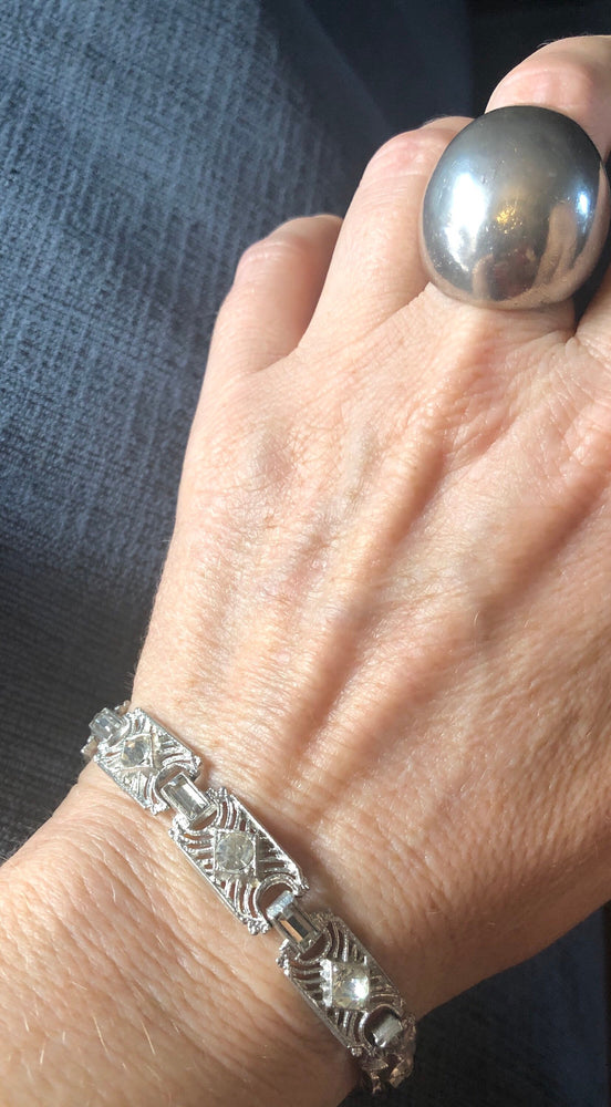 Vintage art deco rhinestone silver tone link bracelet 7 inch