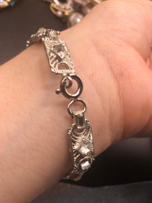 Vintage art deco rhinestone silver tone link bracelet 7 inch