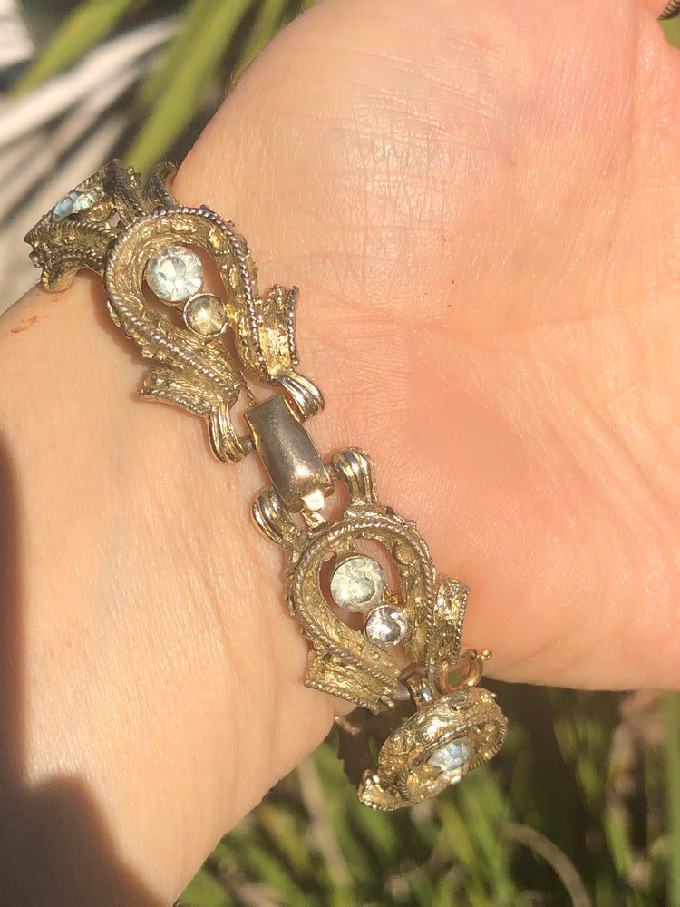 Gorgeous vintage antique designer Coro gold tone link bracelet rhinestones aurora borealis cocktail costume