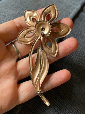 Antique vintage rose gold over sterling silver large flower brooch pin