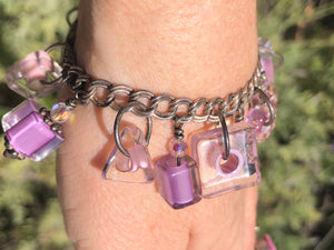 Vintage Murano glass Charms and beads geometric pink / purple bracelet and sterling silver chain  link Italian 925 Italy