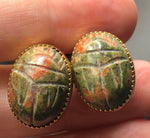 Antique vintage Burt Cassell unikite gemstone Scarab beetle screw back earrings beautiful gold filled 12kt gf Yellow gold filled