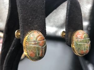 Antique vintage Burt Cassell unikite gemstone Scarab beetle screw back earrings beautiful gold filled 12kt gf Yellow gold filled