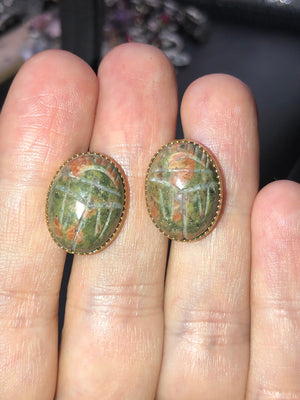 Antique vintage Burt Cassell unikite gemstone Scarab beetle screw back earrings beautiful gold filled 12kt gf Yellow gold filled
