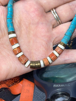Nice turquoise, as read Sponge coral, heishi shell, brass beaded necklace men’s or women’s Southwestern