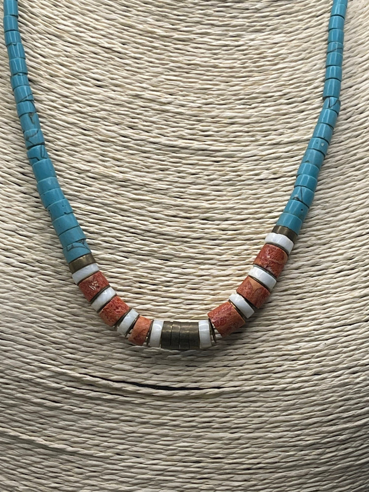 Nice turquoise, as read Sponge coral, heishi shell, brass beaded necklace men’s or women’s Southwestern