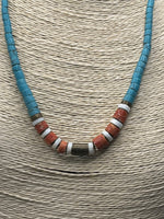 Nice turquoise, as read Sponge coral, heishi shell, brass beaded necklace men’s or women’s Southwestern