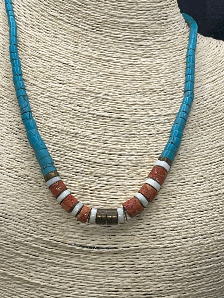 Nice turquoise, as read Sponge coral, heishi shell, brass beaded necklace men’s or women’s Southwestern