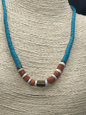 Nice turquoise, as read Sponge coral, heishi shell, brass beaded necklace men’s or women’s Southwestern