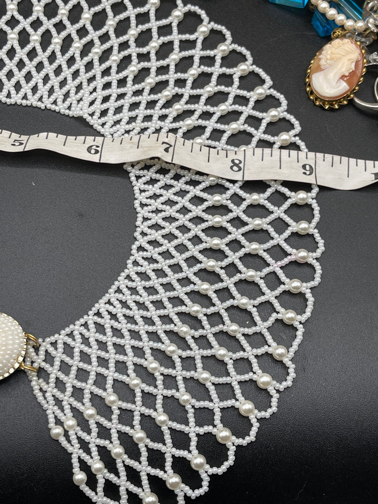 Vintage large pearly white seed beads beaded bib collar necklace Hong Kong beaded clasp