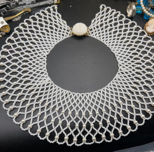 Vintage large pearly white seed beads beaded bib collar necklace Hong Kong beaded clasp