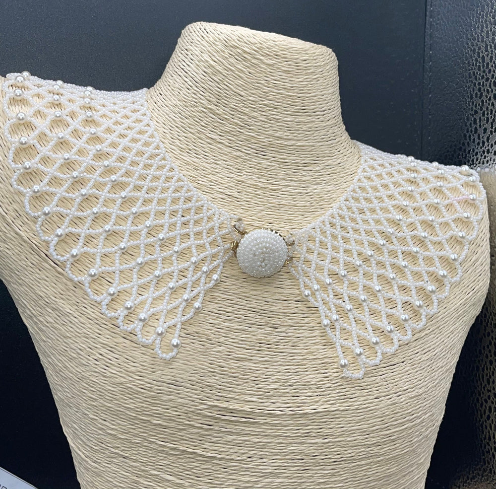 Vintage large pearly white seed beads beaded bib collar necklace Hong Kong beaded clasp