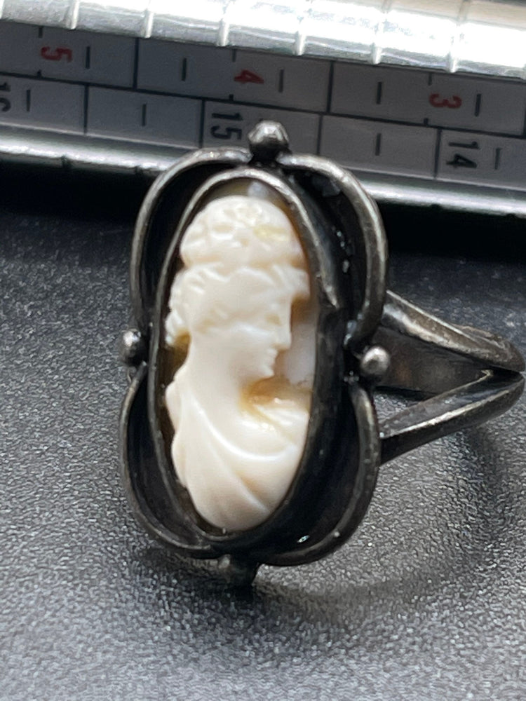 Victorian Antique shell cameo carved sterling silver ring old size 6.5