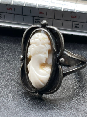 Victorian Antique shell cameo carved sterling silver ring old size 6.5