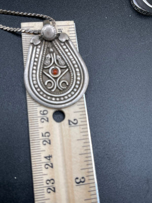 Unique carved sterling silver tribal Red coral shell pendant necklace with long sterling chain chain mans/mens Or women’s Unusual chain 23.5
