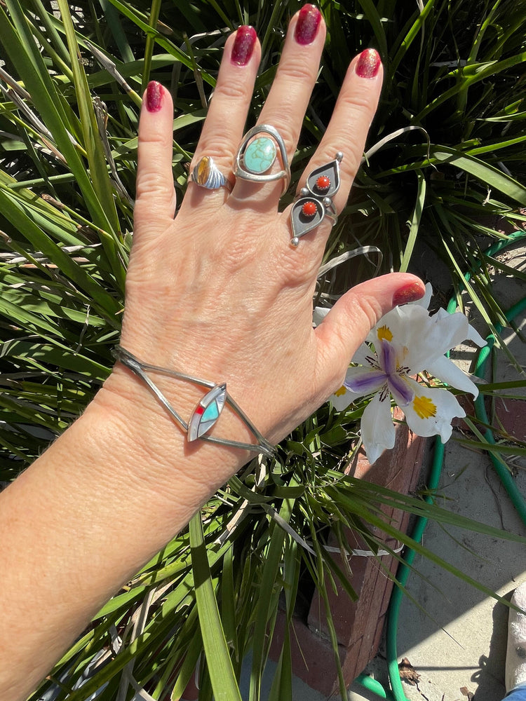 Nice big southwestern silver cuff bracelet and laid mother of pearl turquoise red coral black onyx men’s or women’s larger wrist