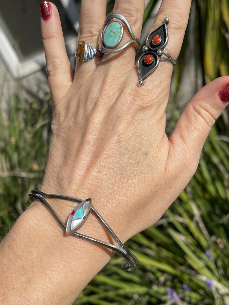 Nice big southwestern silver cuff bracelet and laid mother of pearl turquoise red coral black onyx men’s or women’s larger wrist