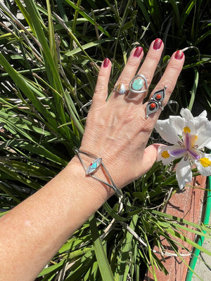 Nice big southwestern silver cuff bracelet and laid mother of pearl turquoise red coral black onyx men’s or women’s larger wrist