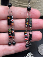 Vintage italian venetian beaded class dangle earrings black and yellow floral beautiful Sterling silver
