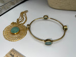 Julie Voss Pendant Necklace and Dangle Bracelet - Gold Tone Costume - Matching 4 station bracelet green gemstone or glass?